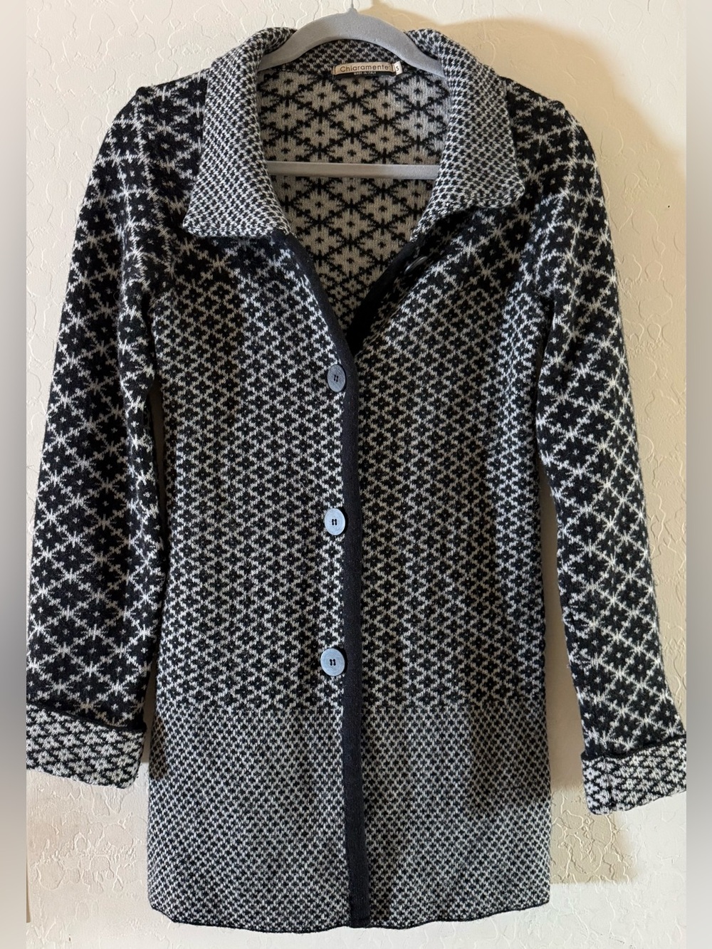 Chiaramente, small, black & white geometric-patterned wool-blend long cardigan